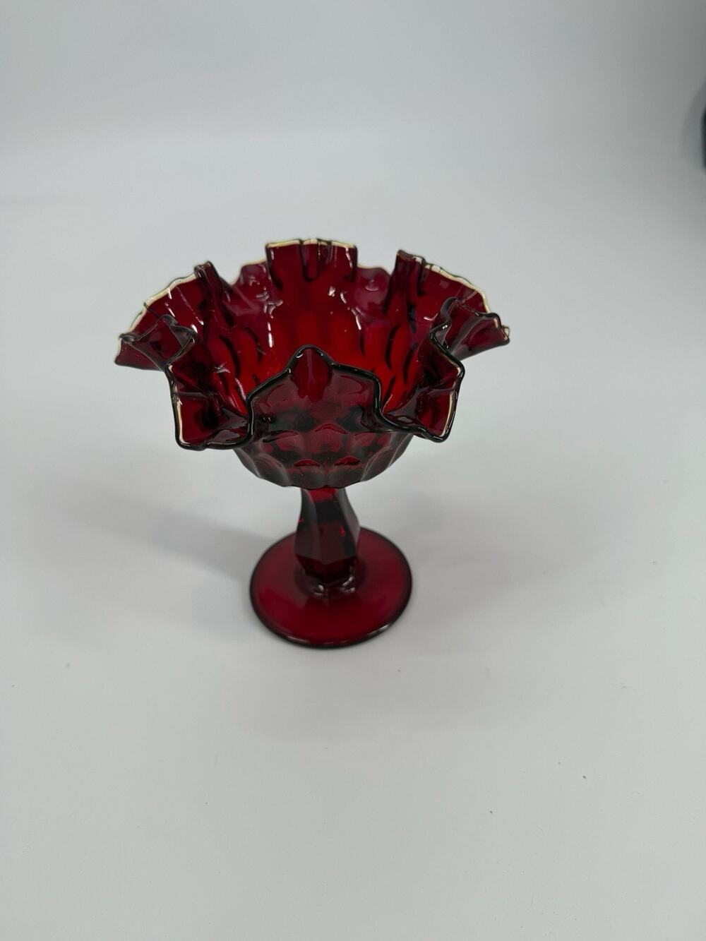 Vintage Fenton Ruby Red Amberina Thumbprint Pedestal Ruffled Edge Cadmium Glow
